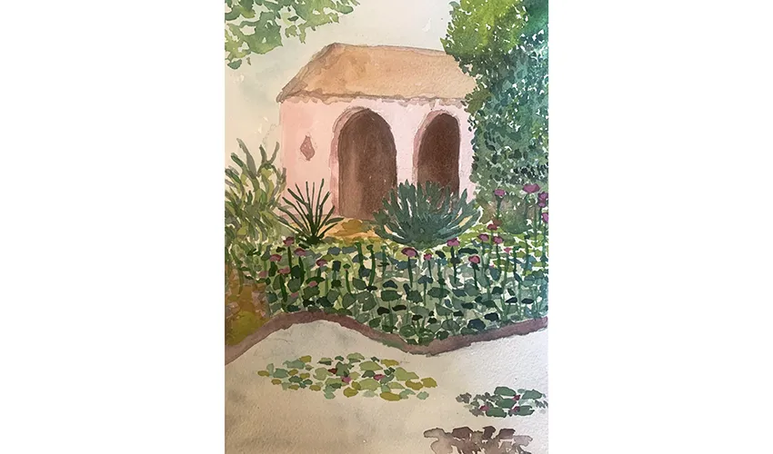 colorful rendering of a building surrounded by plants